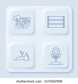 Set line Farm House concept, Wooden box, Watering sprout and Flower. White square button. Vector