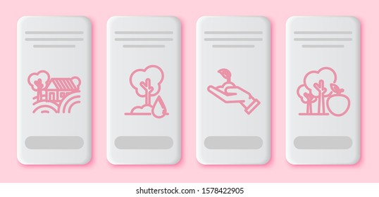 Set line Farm House concept, Watering Tree, Sprout in hand of environmental protection and Tree with apple. White rectangle button. Vector
