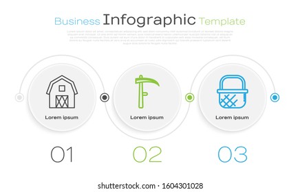 Set line Farm House concept, Scythe and Shopping basket. Business infographic template. Vector