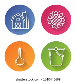 Set line Farm House concept, Sunflower, Onion and Bucket. Color circle button. Vector