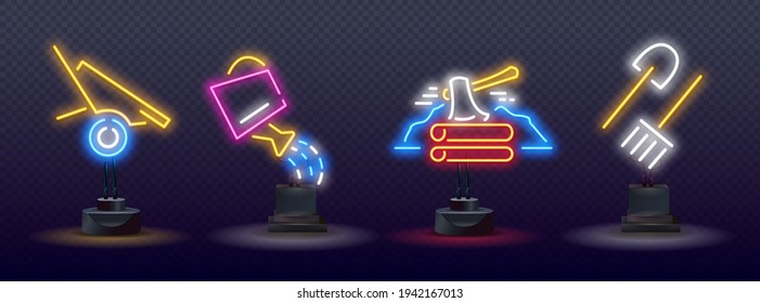 Set line Farm House concept, Watering can with water, garden tools. cart, axe, watering can, shovel, rake. Glowing neon icon on brick wall. Vector