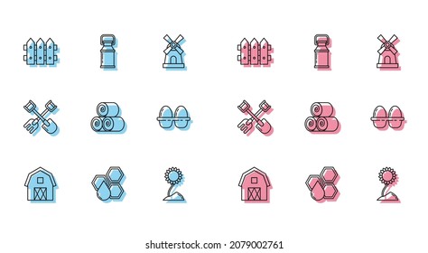 Set line Farm House concept, Honeycomb, Garden fence wooden, Sunflower, Roll of hay, Chicken egg in box, Shovel and rake and Can container for milk icon. Vector