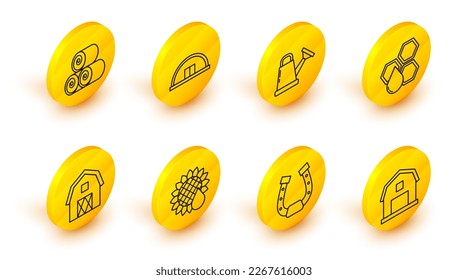 Set line Farm House concept, Horseshoe, Sunflower, Honeycomb, Watering can, Hangar and Roll of hay icon. Vector