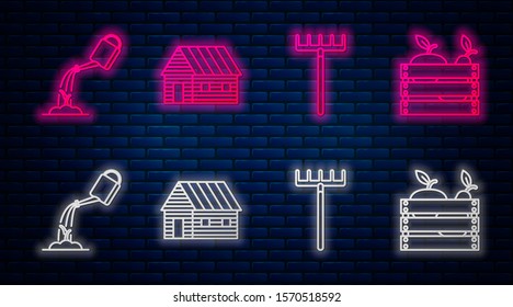 Set line Farm house, Garden rake, Watering can with water and Wooden box for fruits and vegetables. Glowing neon icon on brick wall. Vector