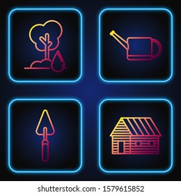 Set line Farm house, Garden trowel spade or shovel, Watering Tree and Watering can. Gradient color icons. Vector