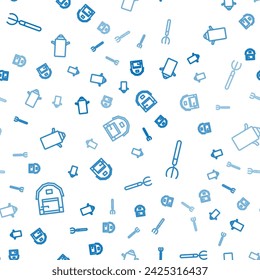 Set line Farm house, Garden pitchfork and Can container milk on seamless pattern. Vector