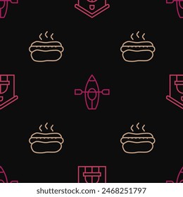 Set line Farm house, Hotdog sandwich and Kayak paddle on seamless pattern. Vector
