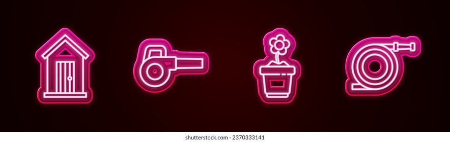 Set line Farm house, Leaf garden blower, Flower in pot and Garden hose or fire hose. Glowing neon icon. Vector