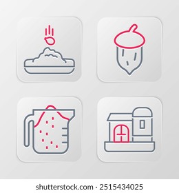 Set line Farm house, Measuring cup, Acorn, oak nut, seed and Seed icon. Vector