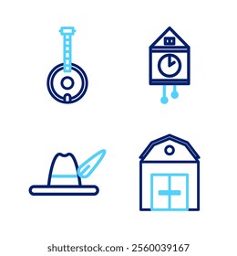 Set line Farm House, Oktoberfest hat, Retro wall watch and Banjo icon. Vector