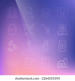 Set line Farm house, Pack full of seeds of plant, Windmill, Shield with pig, Plant, Basket, Granary and Honey dipper stick icon. Vector