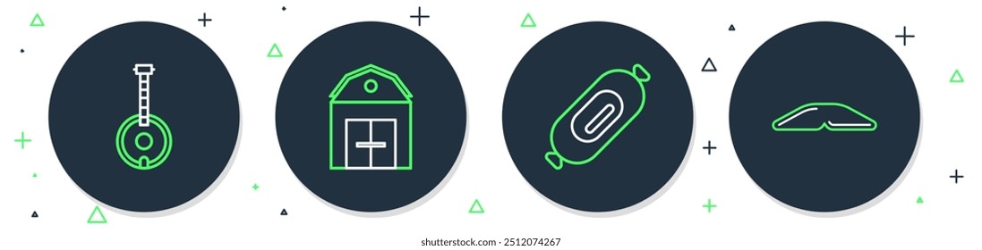 Set line Casa de la granja, salchicha de salami, banjo y el icono de pastel casero. Vector