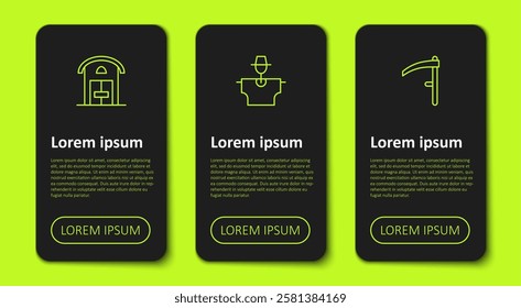 Set line Farm house, Scarecrow and Scythe. Business infographic template. Vector