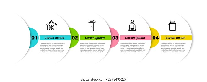 Set line Farm house, Scythe, Full sack and Can container for milk. Business infographic template. Vector