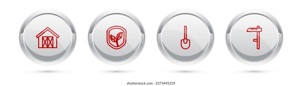 Set line Farm house, Shield with leaf, Shovel and Scythe. Silver circle button. Vector