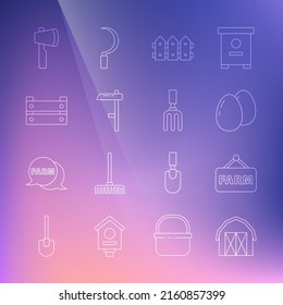 Set line Farm house, Signboard with text, Chicken egg, Garden fence wooden, Scythe, Wooden box, axe and rake icon. Vector