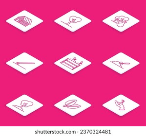Set line Farm house, Tree, with pears, Garden rake in work, Wooden box for fruits and vegetables, trowel spade shovel the ground,  and Leafs icon. Vector