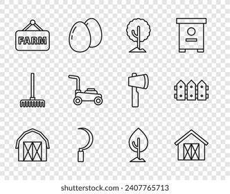 Set line Farm house, Tree, Sickle, Signboard with text, Lawn mower,  and Garden fence wooden icon. Vector