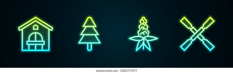 Set line Farm house, Tree, Lupine flower and Oars or paddles boat. Glowing neon icon. Vector