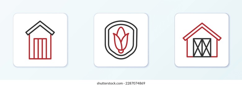 Set line Farm house, Wooden outdoor toilet and Shield corn icon. Vector