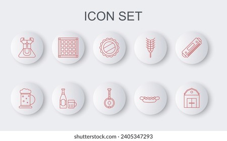 Set line Farm House, Wooden beer mug, Bottle cap, Hotdog sandwich, Costume for women dirndl, Checkered napkin, Beer bottle glass and Banjo icon. Vector