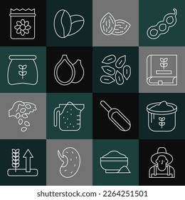Set line Farmer in the hat, Bag of flour, Book about seeds, Seed, Pumpkin, Pack full plant and  icon. Vector