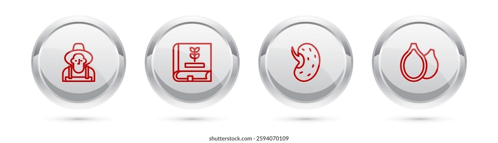 Set line Farmer in the hat, Book about seeds, Seed and Pumpkin. Silver circle button. Vector