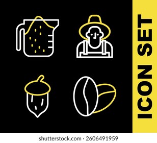 Set line Farmer in the hat, Coffee beans, Acorn, oak nut, seed and Measuring cup icon. Vector