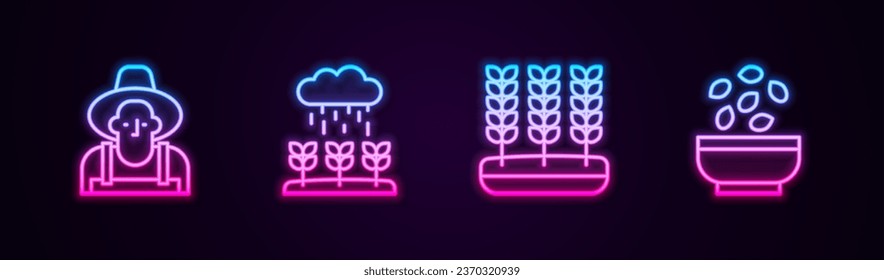 Set line Farmer in the hat, Plant sprouts grow rain, Wheat and Seeds bowl. Glowing neon icon. Vector
