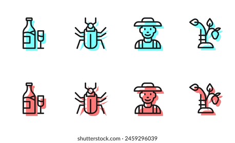 Set line Farmer in the hat, Wine bottle with glass, Insect fly and Strawberry bush icon. Vector