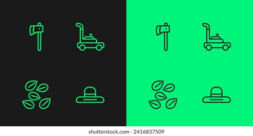 Set line Farmer worker hat, Seeds of specific plant, Wooden axe and Lawn mower icon. Vector