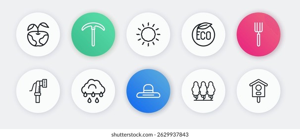 Set line Farmer worker hat, Garden pitchfork, hose, Fruit trees, Eco healthy food, Sun, Bird house and Cloud with rain icon. Vector