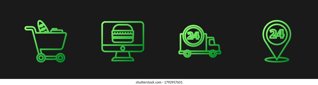 Set line Fast delivery by car, Shopping cart and food, Online ordering and Round the clock. Gradient color icons. Vector