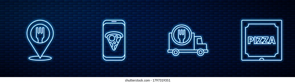 Set line Fast delivery by car, Cafe and restaurant location, Food ordering pizza and Pizza cardboard box. Glowing neon icon on brick wall. Vector