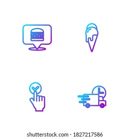 Set line Fast delivery by car, Online ordering and, burger and Ice cream. Gradient color icons. Vector
