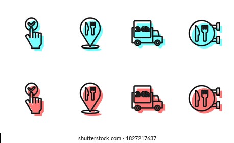 Set line Fast delivery by car, Online ordering and, Cafe restaurant location and  icon. Vector