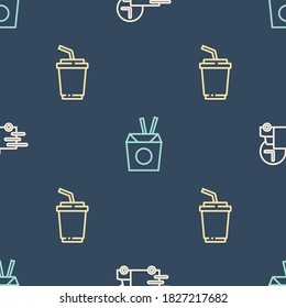 Set line Fast delivery by car, Paper glass with water and Asian noodles and chopsticks on seamless pattern. Vector