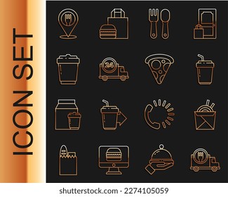 Set line Fast delivery by car, Asian noodles and chopsticks, Coffee cup to go, Fork spoon, Cafe restaurant location and Slice pizza icon. Vector
