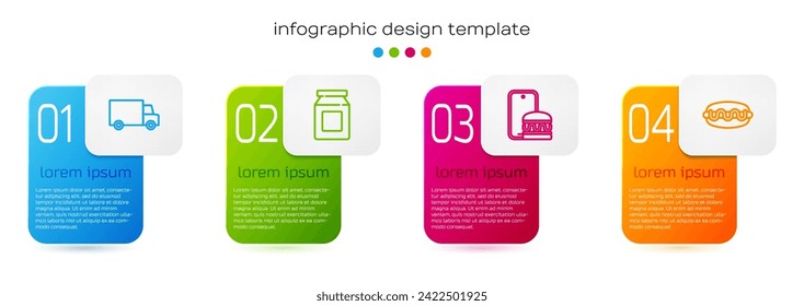 Set line Fast delivery by car, Online ordering and,  and Hotdog sandwich. Business infographic template. Vector
