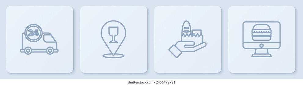 Set line Fast delivery by car, Online ordering and, Alcohol beer bar location and . White square button. Vector