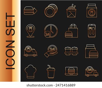 Set line Fast delivery by car, Online ordering and burger, Asian noodles chopsticks, Clock 24 hours, Cafe restaurant location,  and  icon. Vector