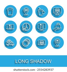 Set line Fast delivery by car, Plate, Coffee cup to go, Online ordering burger, Cafe and restaurant location, Clock 24 hours,  and  icon. Vector