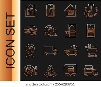 Set line Fast delivery by car, Shopping cart and food, Online ordering, Cafe restaurant location, burger,  and  icon. Vector