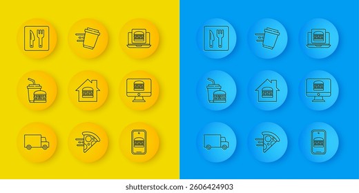 Set line Fast delivery by car, Paper glass and burger, Online ordering, Cafe restaurant location,  and Coffee cup to go icon. Vector