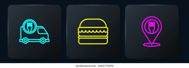 Entrega rápida en coche, cafetería y restaurante y hamburguesa. Botón cuadrado negro. Vector