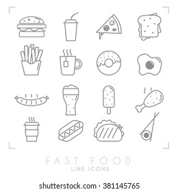 Set of line fast food icons. Flat style. Coffee, hamburger, pizza, sandwich, fried potato, tea, donut, egg, grilled sausage, beer, ice cream, chicken, hot dog, tacos, sushi roll