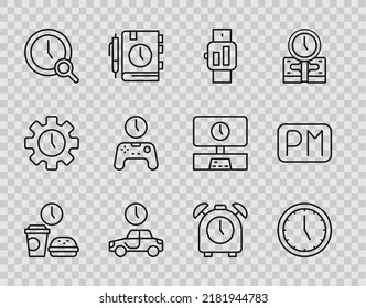 Set line Fast food time, Clock, Smartwatch, Time to travel, Magnifying glass with clock, Gamepad of, Alarm and Day icon. Vector