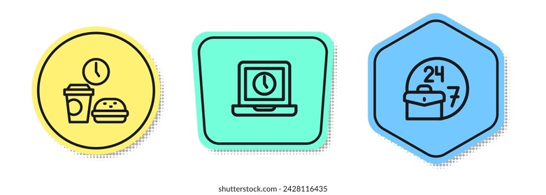 Fije la línea Tiempo de comida rápida, portátil y siempre ocupado. Formas coloreadas. Vector