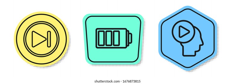 Set line Fast forward, Battery charge level indicator and Head people with play button. Colored shapes. Vector
