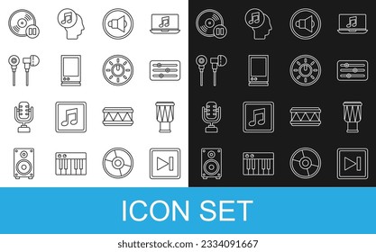 Set line Fast forward, Drum, Sound mixer controller, Speaker volume, Voice assistant, Air headphones, Vinyl disk and Dial knob level technology settings icon. Vector